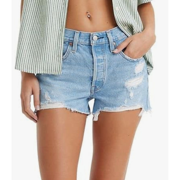 Levi Strauss Levi's Premium 501 Size 27 Button Fly Distressed Denim Jean Shorts - Picture 1 of 8